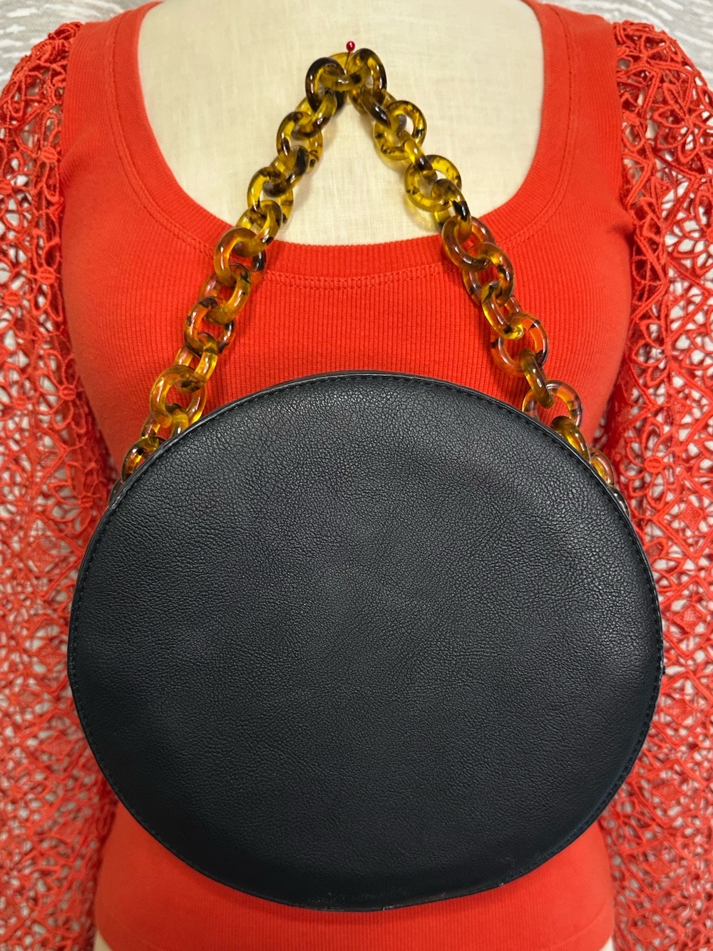 Anthropologie Round Black Crossbody Bag Tortoise Chain Circle Purse Boho